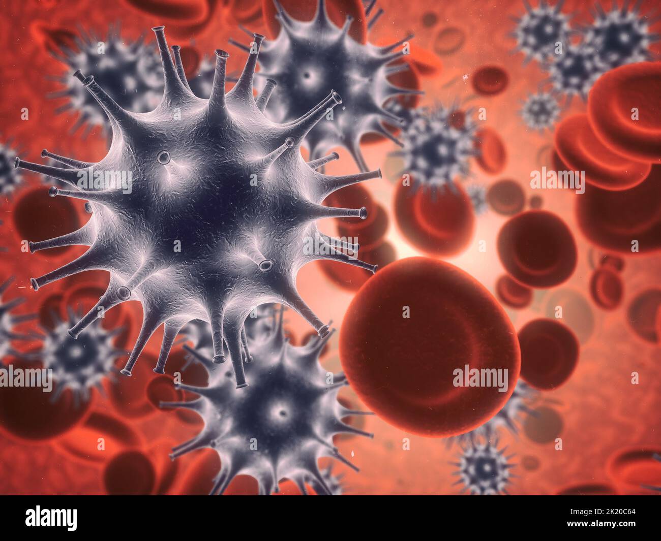 Spreading disease. Microscopic view of a virus attacking healthy cells in the human body. Stock Photo