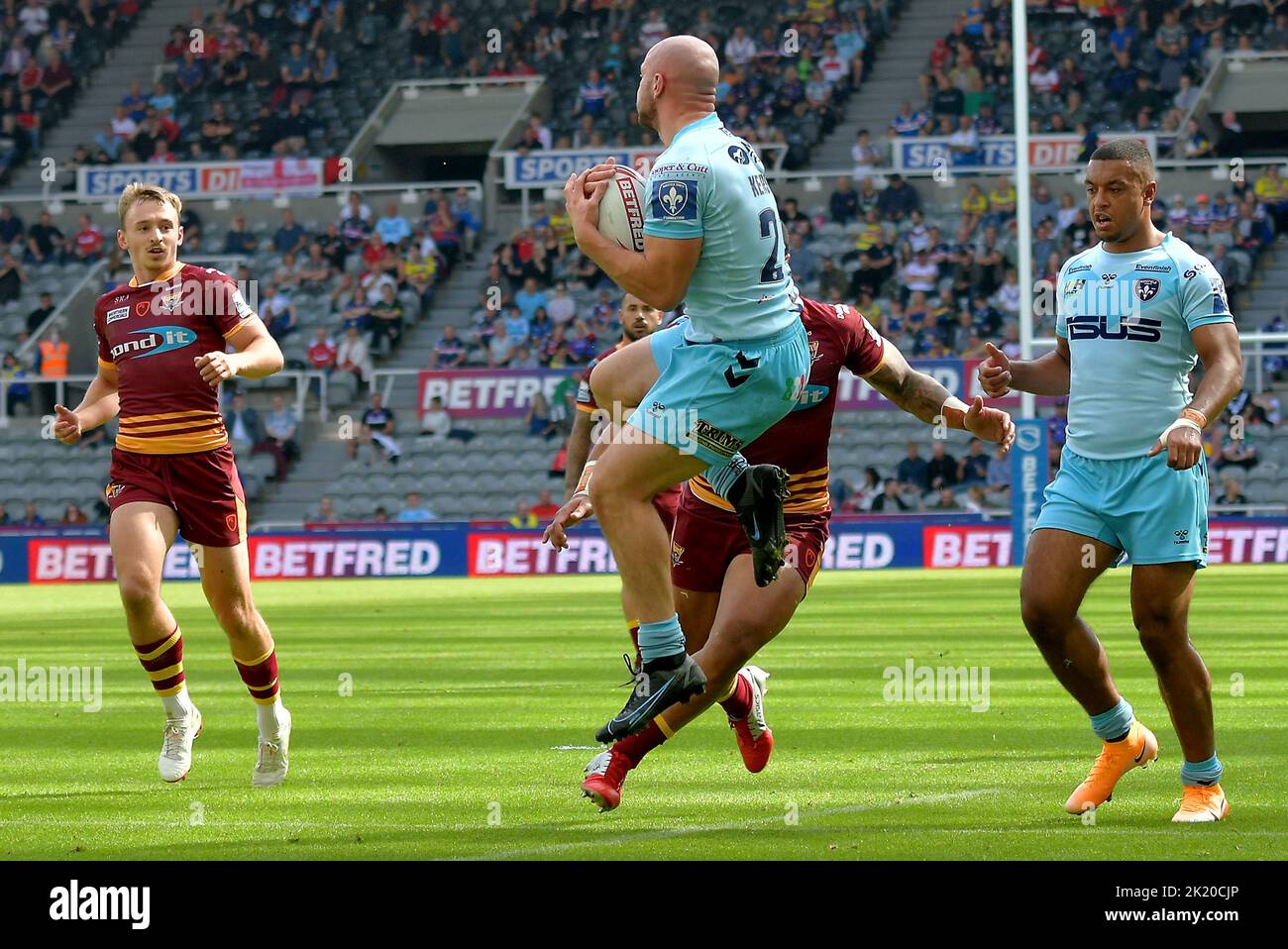 Dacia Magic Weekend 2021, Super League Rugby, St James Park Newcastle, Wakefield Trinity's Kershaw flying tackle against Huddersfield Giants, UK Stock Photo