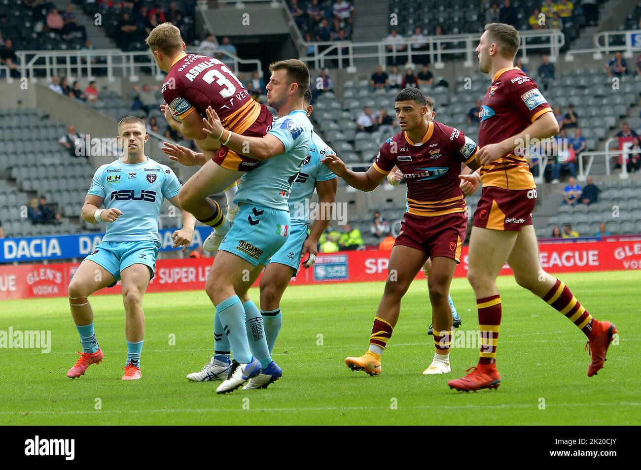 Dacia Magic Weekend 2021, Super League Rugby, St James Park Newcastle, Huddersfield Giants Ashall Bott flying tackle against Wakefield Trinity, UK Stock Photo