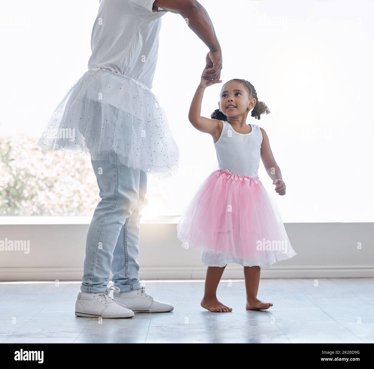 Young girl, learning ballet with dad or teacher for fitness, fun and ...