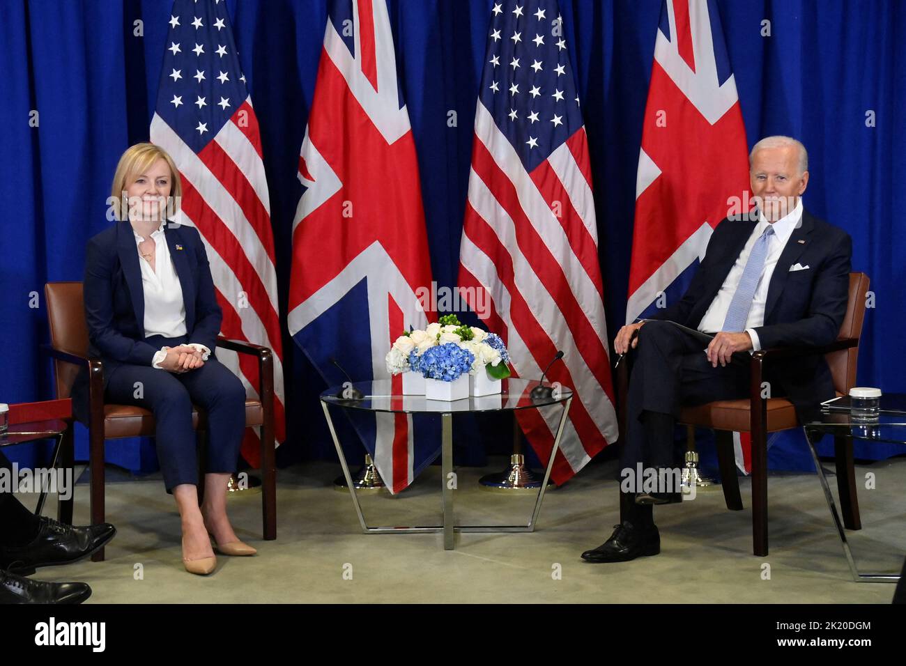 Prime Minister Liz Truss holds a bilateral with US President Joe Biden at the UN building in New York, during her visit to the US to attend the 77th UN General Assembly. Picture date: Wednesday September 21, 2022. Stock Photo