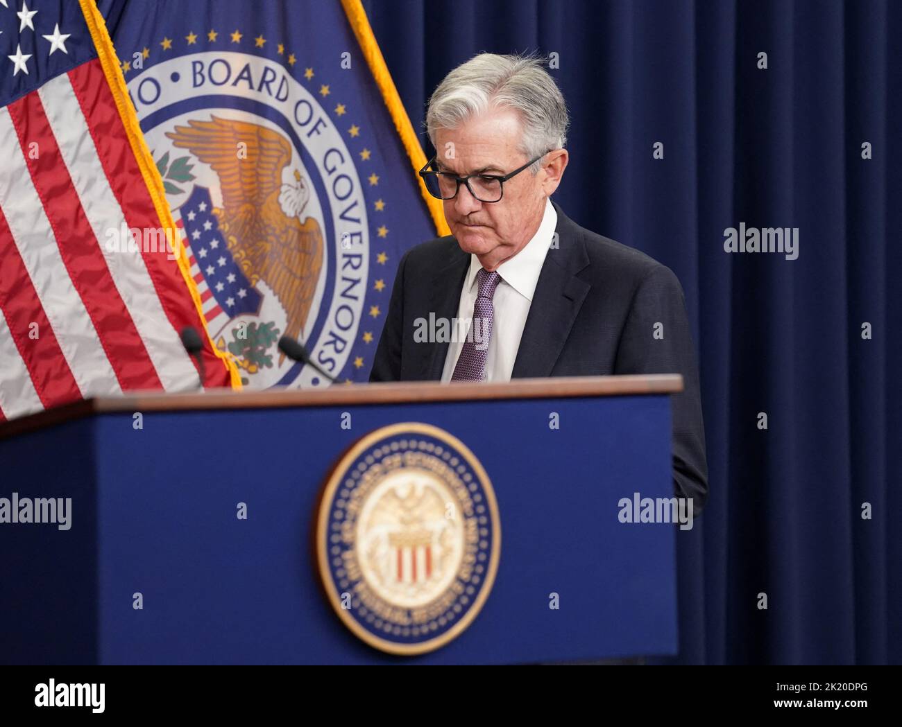 U.S. Federal Reserve Board Chairman Jerome Powell arrives to hold a news conference after Federal Reserve raised its target interest rate by three-quarters of a percentage point in Washington, U.S., September 21, 2022. REUTERS/Kevin Lamarque Stock Photo