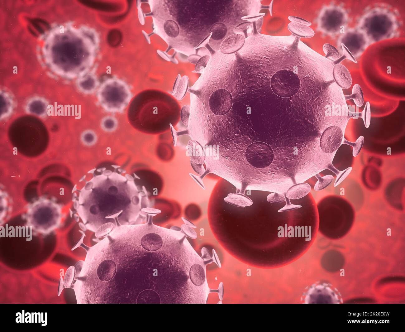 Going viral. Microscopic view of a virus attacking healthy cells in the human body. Stock Photo