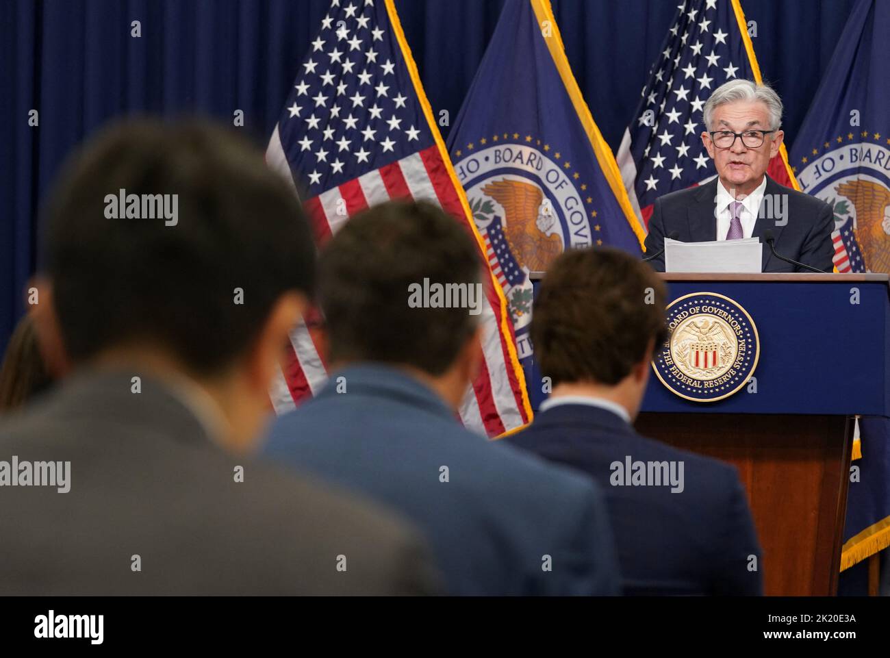 U.S. Federal Reserve Board Chairman Jerome Powell holds a news conference after Federal Reserve raised its target interest rate by three-quarters of a percentage point in Washington, U.S., September 21, 2022. REUTERS/Kevin Lamarque Stock Photo