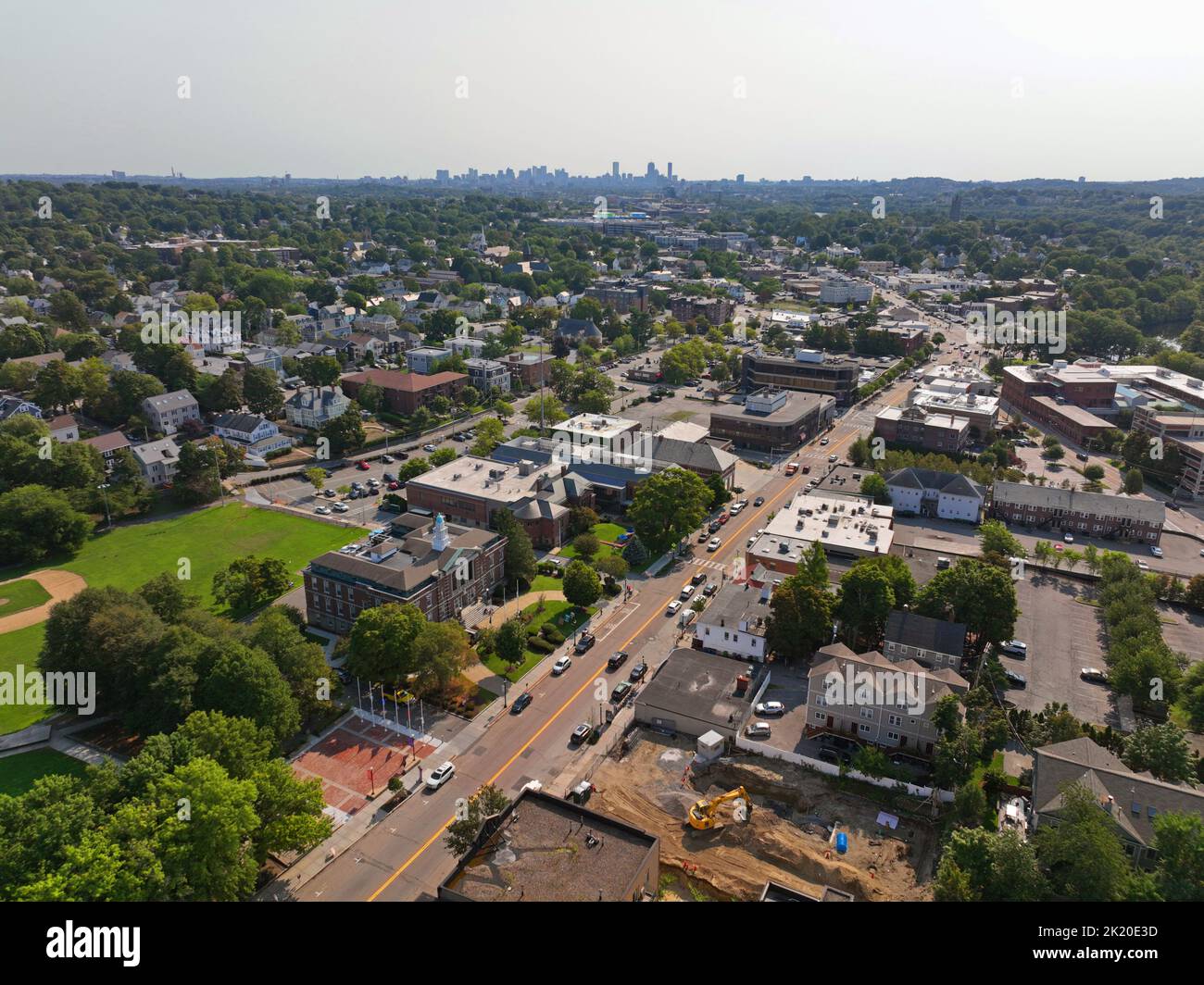 Watertown Town Hall aerial view at 149 Main Street in historic city center of Watertown, Massachusetts MA, USA. Stock Photo