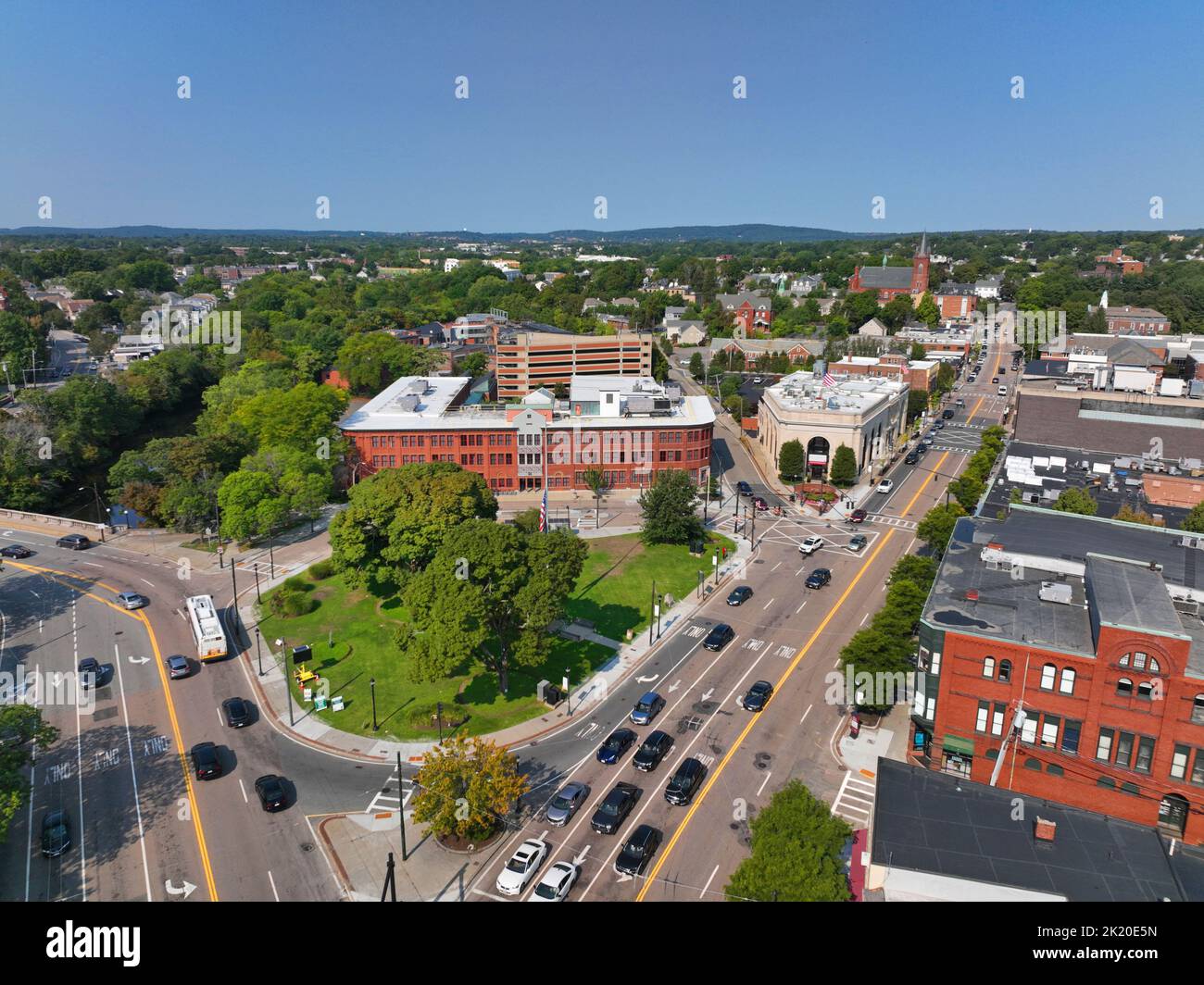 Watertown Square and Main Street aerial view in historic city center of Watertown, Massachusetts 