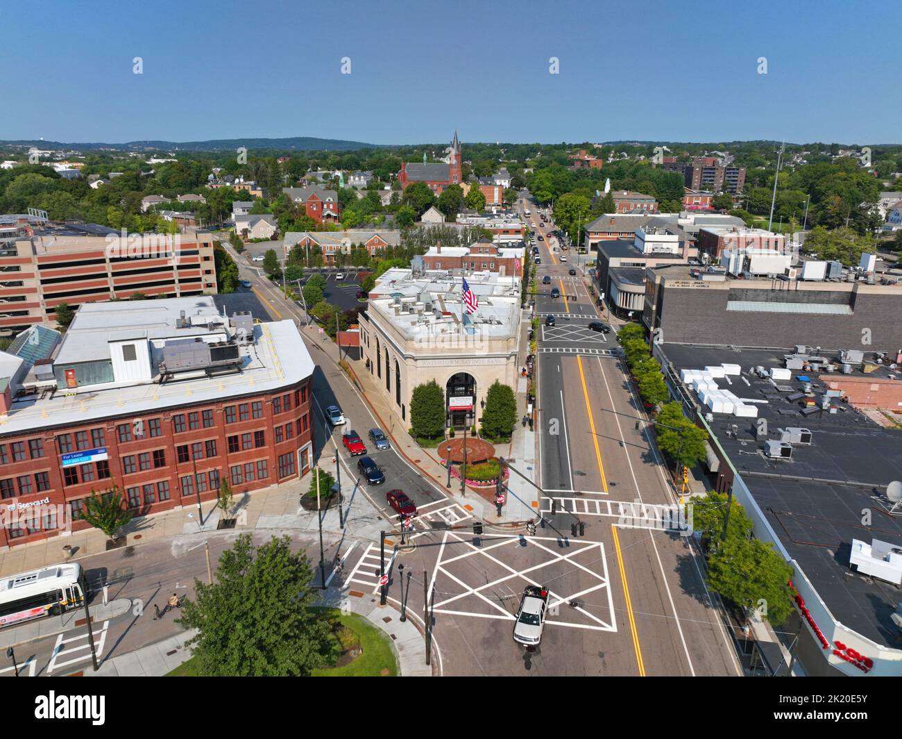 Watertown Savings Bank aerial view at 60 Main Street in historic city center of Watertown, Massachusetts MA, USA. Stock Photo