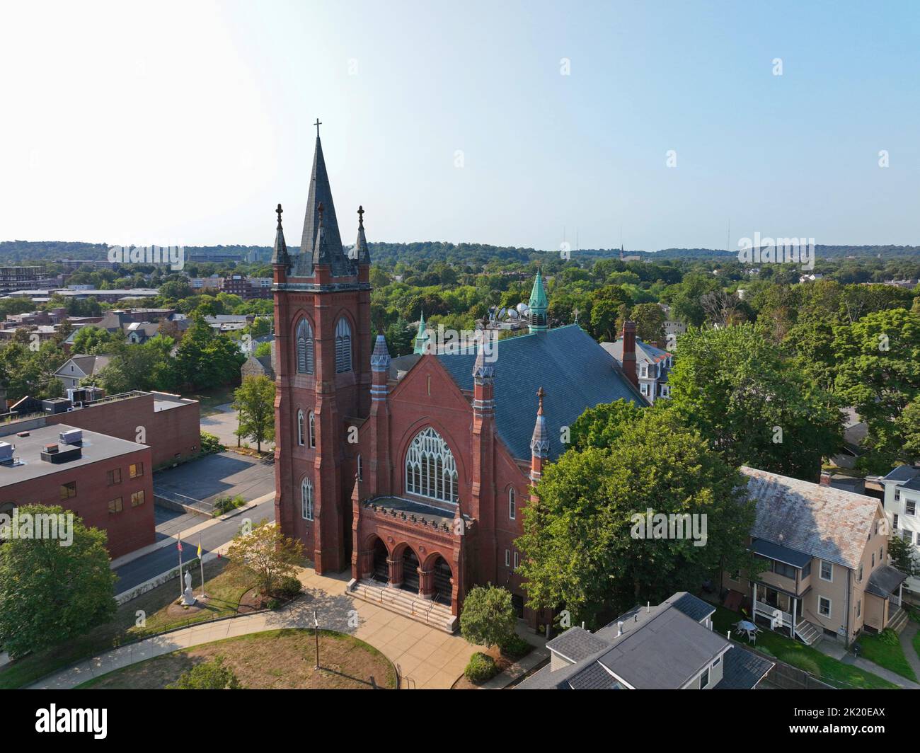 Saint Patrick's Church aerial view at 212 Main Street in historic city center of Watertown, Massachusetts MA, USA. Stock Photo