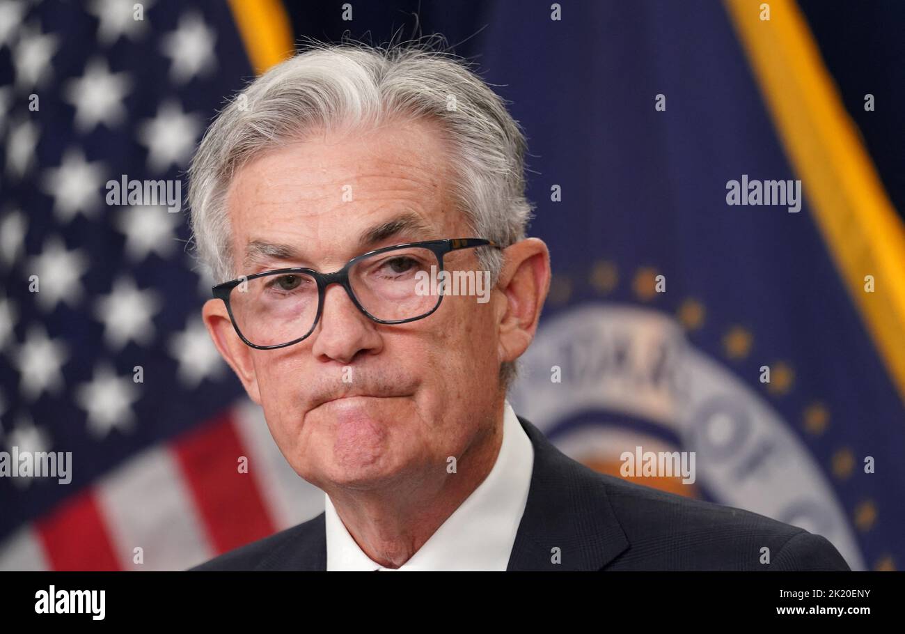 U.S. Federal Reserve Board Chairman Jerome Powell pauses during a news conference after Federal Reserve raised its target interest rate by three-quarters of a percentage point in Washington, U.S., September 21, 2022. REUTERS/Kevin Lamarque Stock Photo