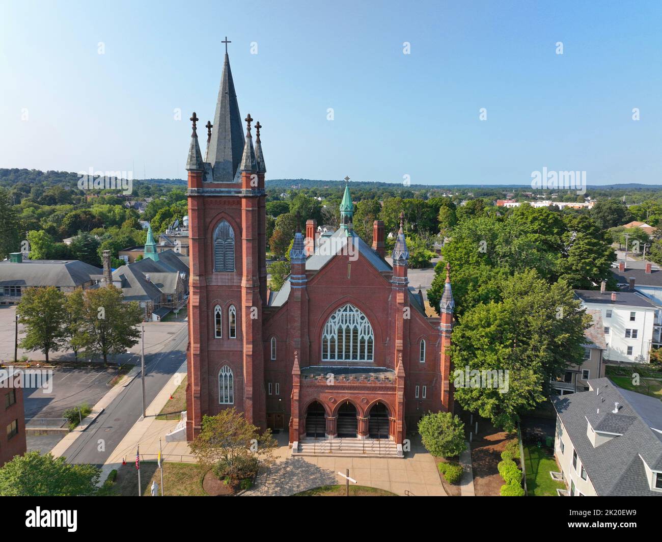 Saint Patrick's Church aerial view at 212 Main Street in historic city center of Watertown, Massachusetts MA, USA. Stock Photo