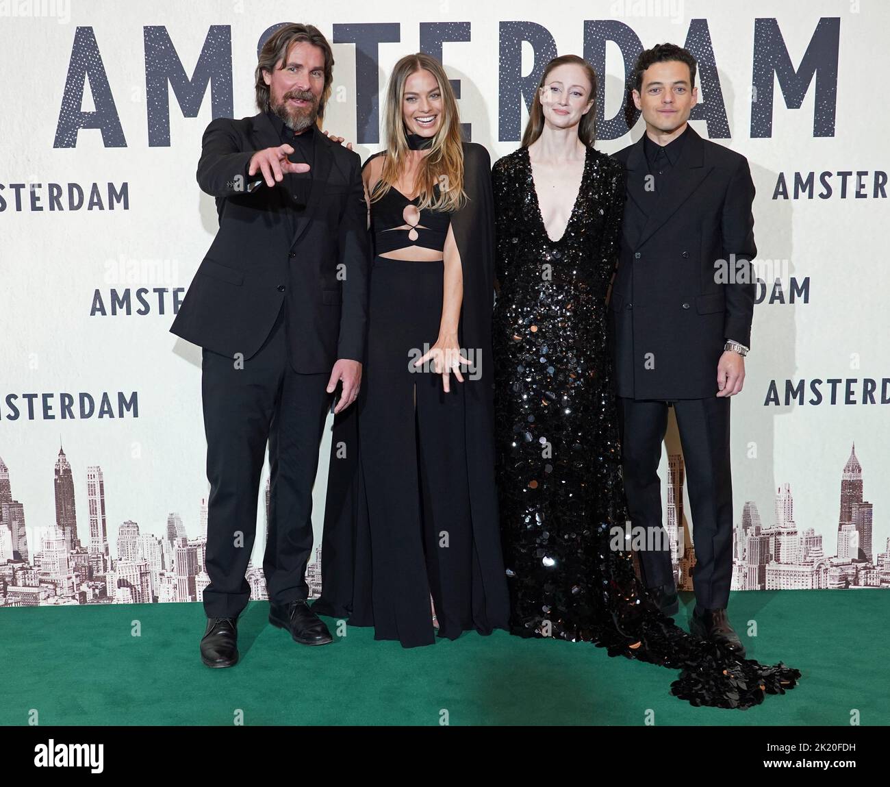 Christian Bale, Margot Robbie, Andrea Riseborough and Rami Malek attend the European premiere of Amsterdam at the Odeon Luxe Leicester Square, London. Picture date: Wednesday September 21, 2022. Stock Photo