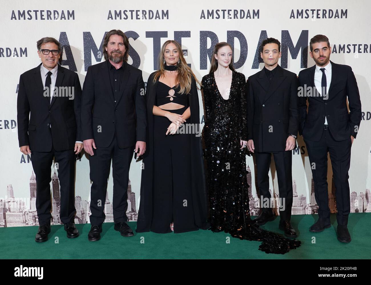 David O Russell, Christian Bale, Margot Robbie, Andrea Riseborough, Rami Malek and Matthew Budman attend the European premiere of Amsterdam at the Odeon Luxe Leicester Square, London. Picture date: Wednesday September 21, 2022. Stock Photo