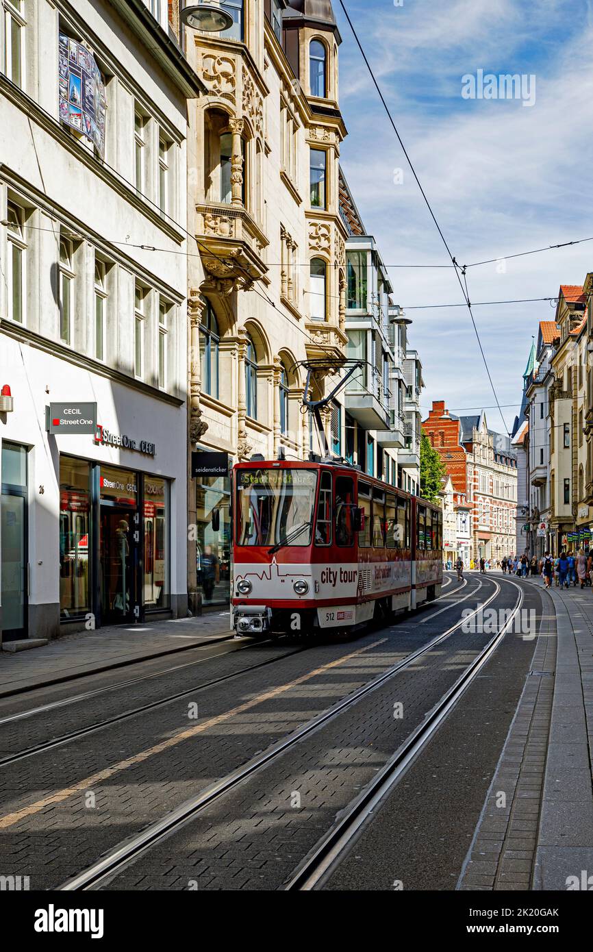 City Tour By Streetcar, Historical Tatra Articulated Train In Erfurt Old Town, Thuringia, Germany, Europe Stock Photo