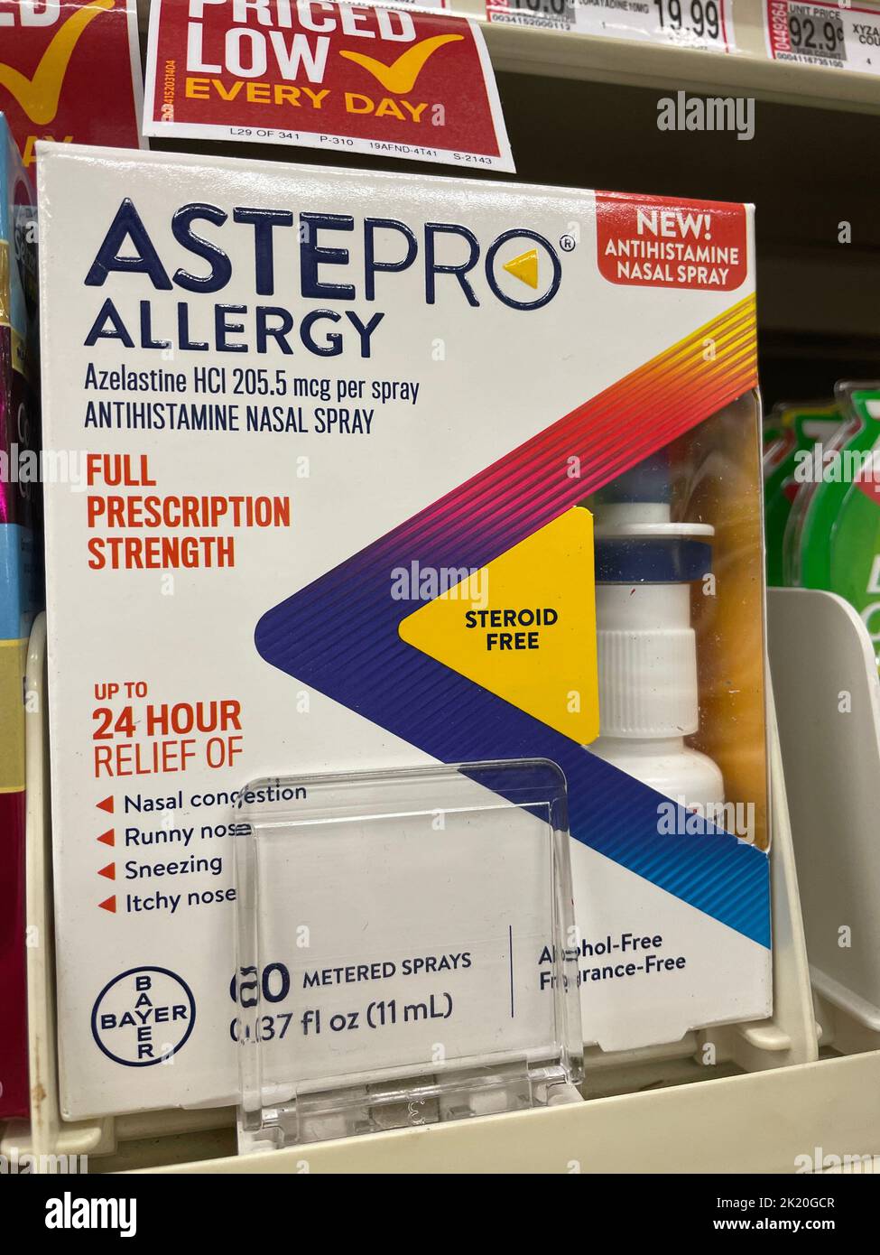 Grovetown, Ga USA - 09 21 22: Grocery store medicine section Astepro Stock Photo