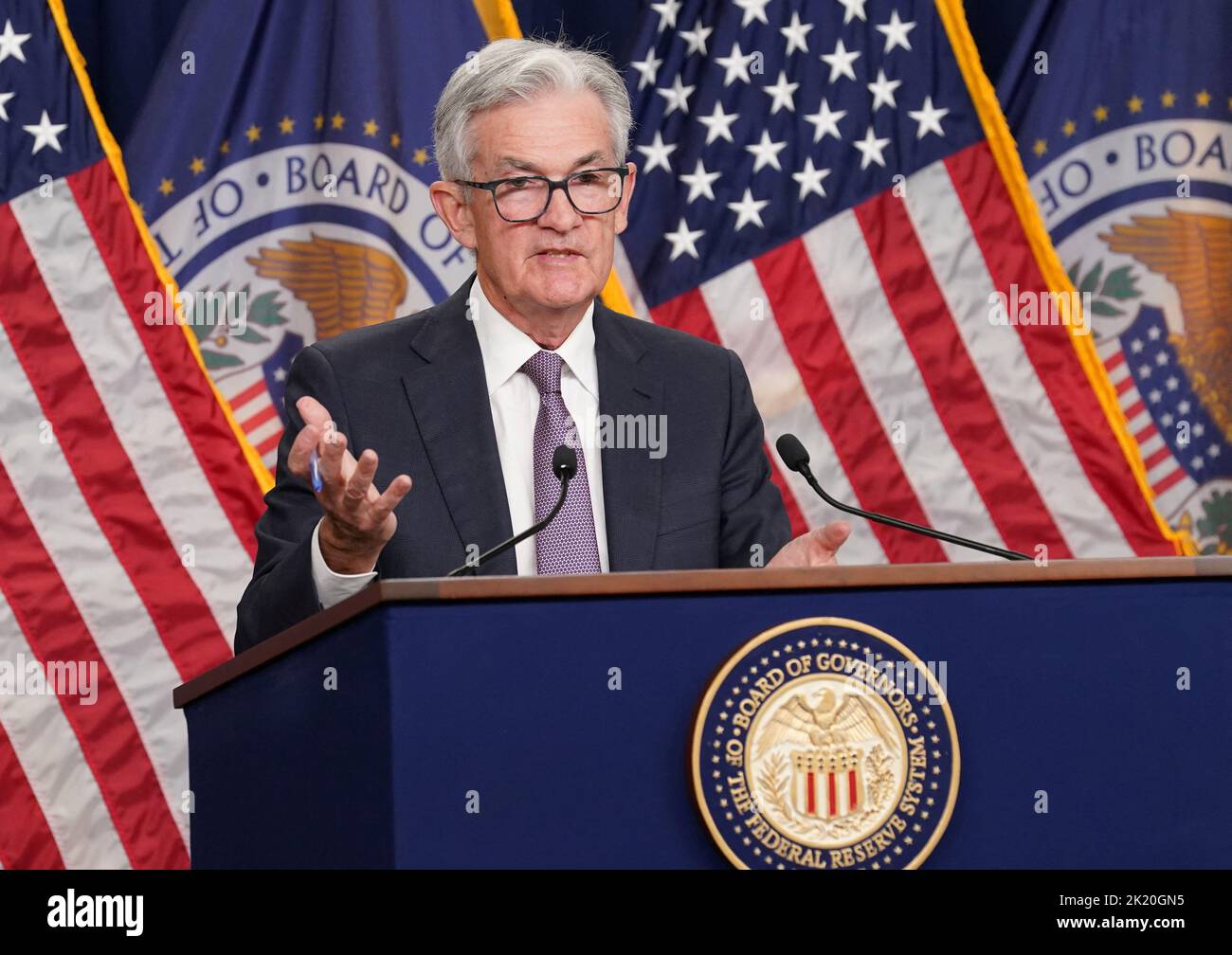 U.S. Federal Reserve Board Chairman Jerome Powell holds a news conference after Federal Reserve raised its target interest rate by three-quarters of a percentage point in Washington, U.S., September 21, 2022. REUTERS/Kevin Lamarque Stock Photo
