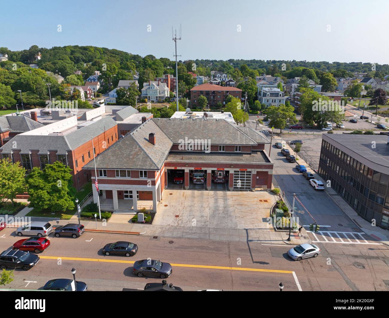 Watertown Fire Department aerial view at 99 Main Street in historic city center of Watertown, Massachusetts MA, USA. Stock Photo