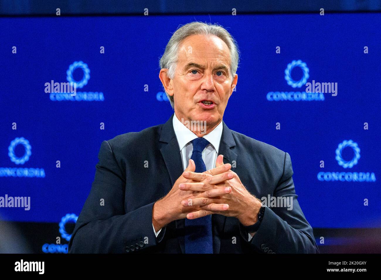 New York, USA. 21st Sep, 2022. Former UK Prime Minister Tony Blair addresses the closing sesssion of the Concordia Summit in New York City. Credit: Enrique Shore/Alamy Live News Stock Photo