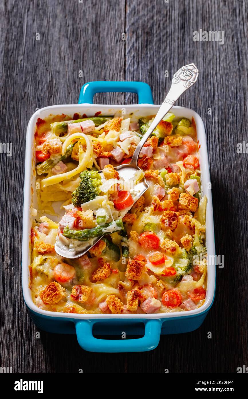 Ham and Noodle Casserole with egg noodles, chopped ham, carrots