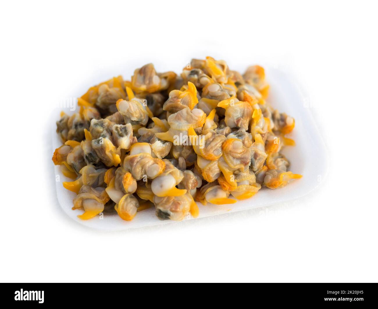 A takeaway plate of Cockles from a seafood stall isolated on a white background Stock Photo