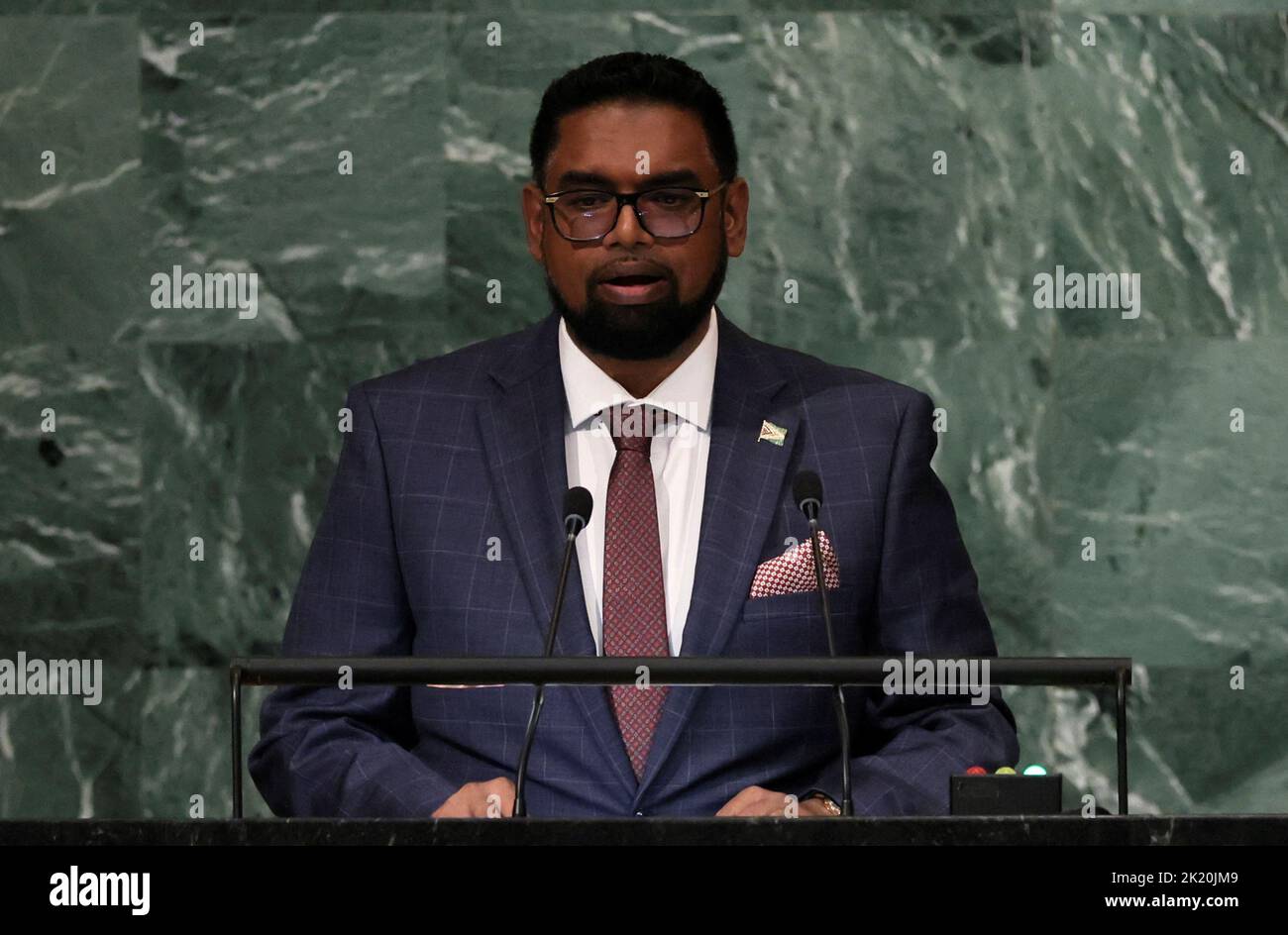 Guyana's President Mohamed Irfaan Ali addresses the 77th Session of the United Nations General Assembly at U.N. Headquarters in New York City, U.S., September 21, 2022. REUTERS/Brendan McDermid Stock Photo