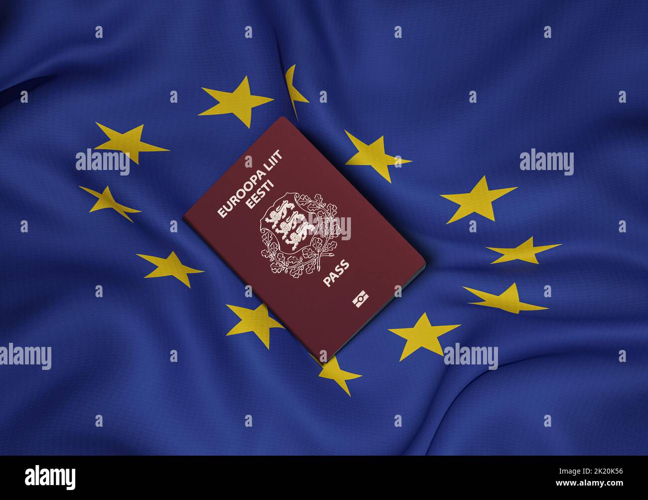 Estonian passport with European Union flag in background , An Estonian passport is an international travel document issued to citizens of Estonia Stock Photo
