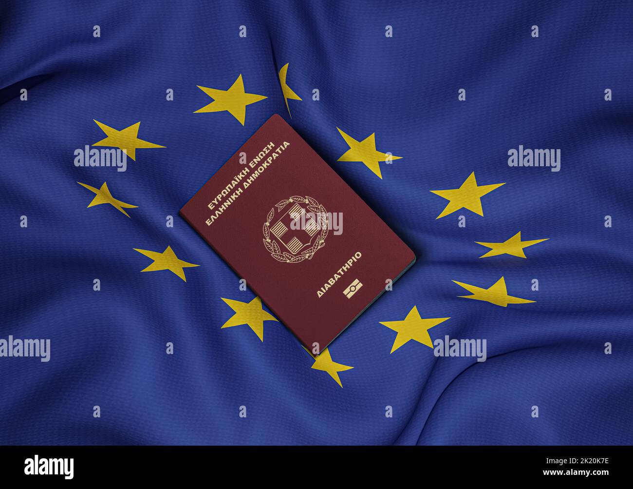 Greece passport with European Union flag, center, top view ,reek