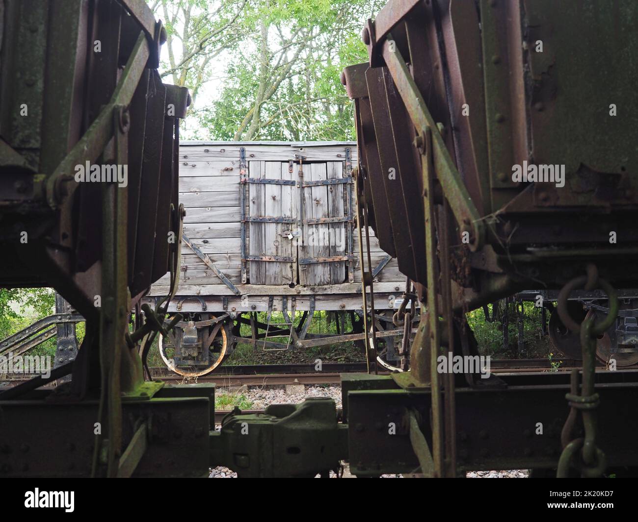Abandoned wagons on a siding at Rocks by Rail Living Ironstone Museum, Rutland, UK Stock Photo