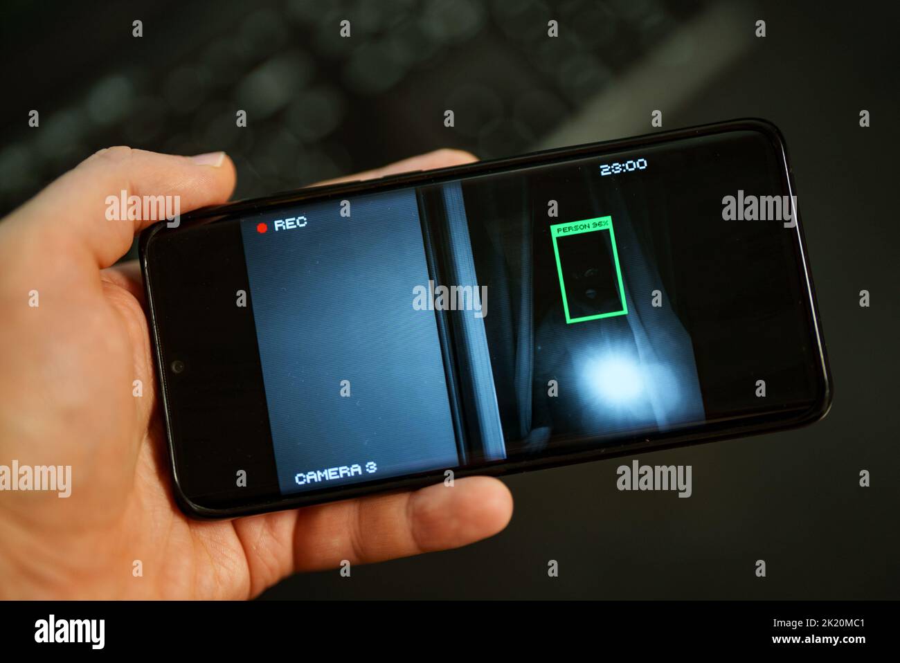 Security camera on mobile app with face recognition. Stock Photo