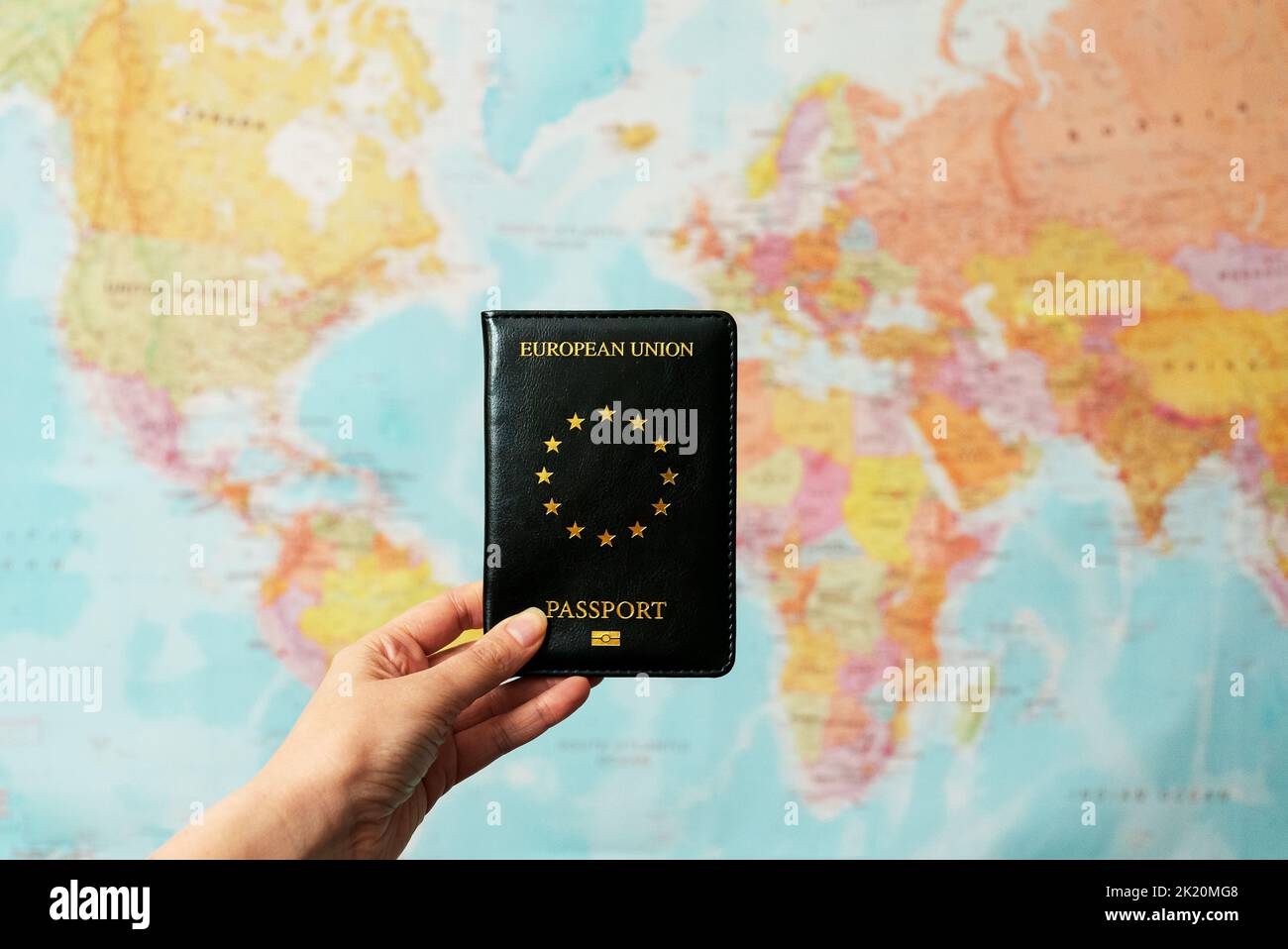 European Union passport in front of world map Stock Photo Alamy