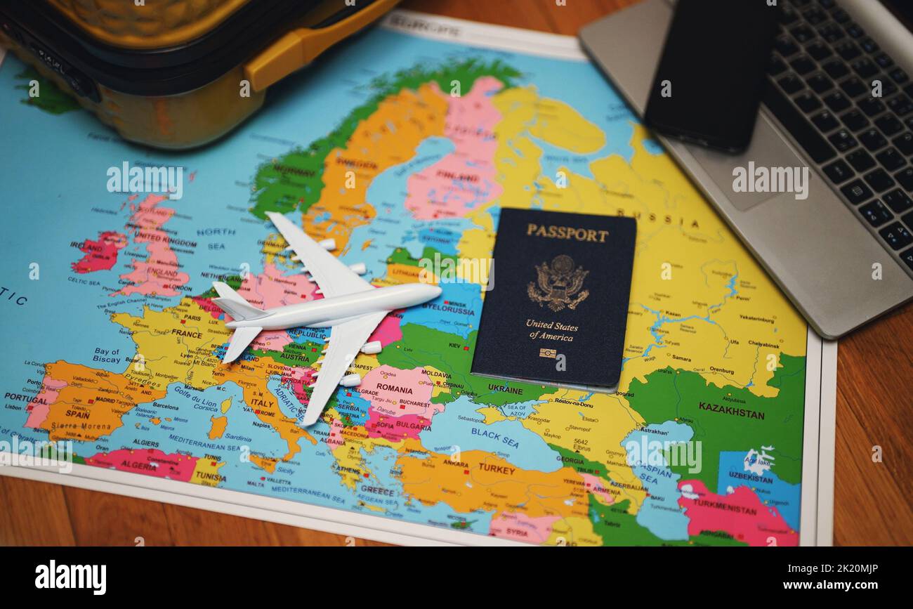 United States of America passport on Europe map. Travel concept Stock