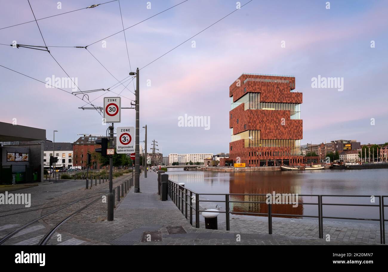 Antwerp, Belgium – 3 June 2020: tramline leading to the modern MAS museum in the center of Antwerp Stock Photo