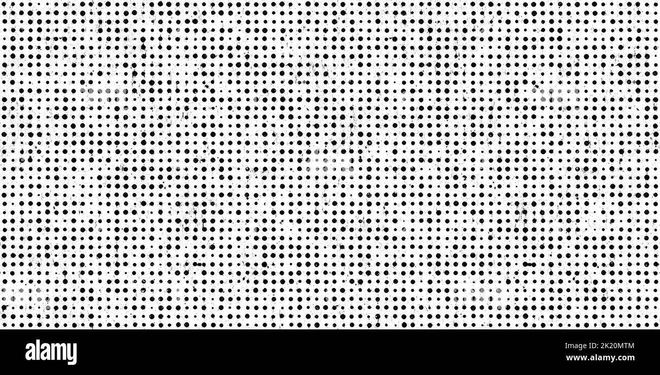 Seamless vintage distressed halftone dot background pattern. Tileable grunge black and white printer ink raster dots texture overlay. Retro comic book Stock Photo