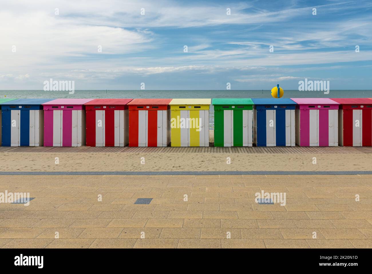 Row of vintage wooden beach huts on the beach of Dunkirk in France Stock Photo