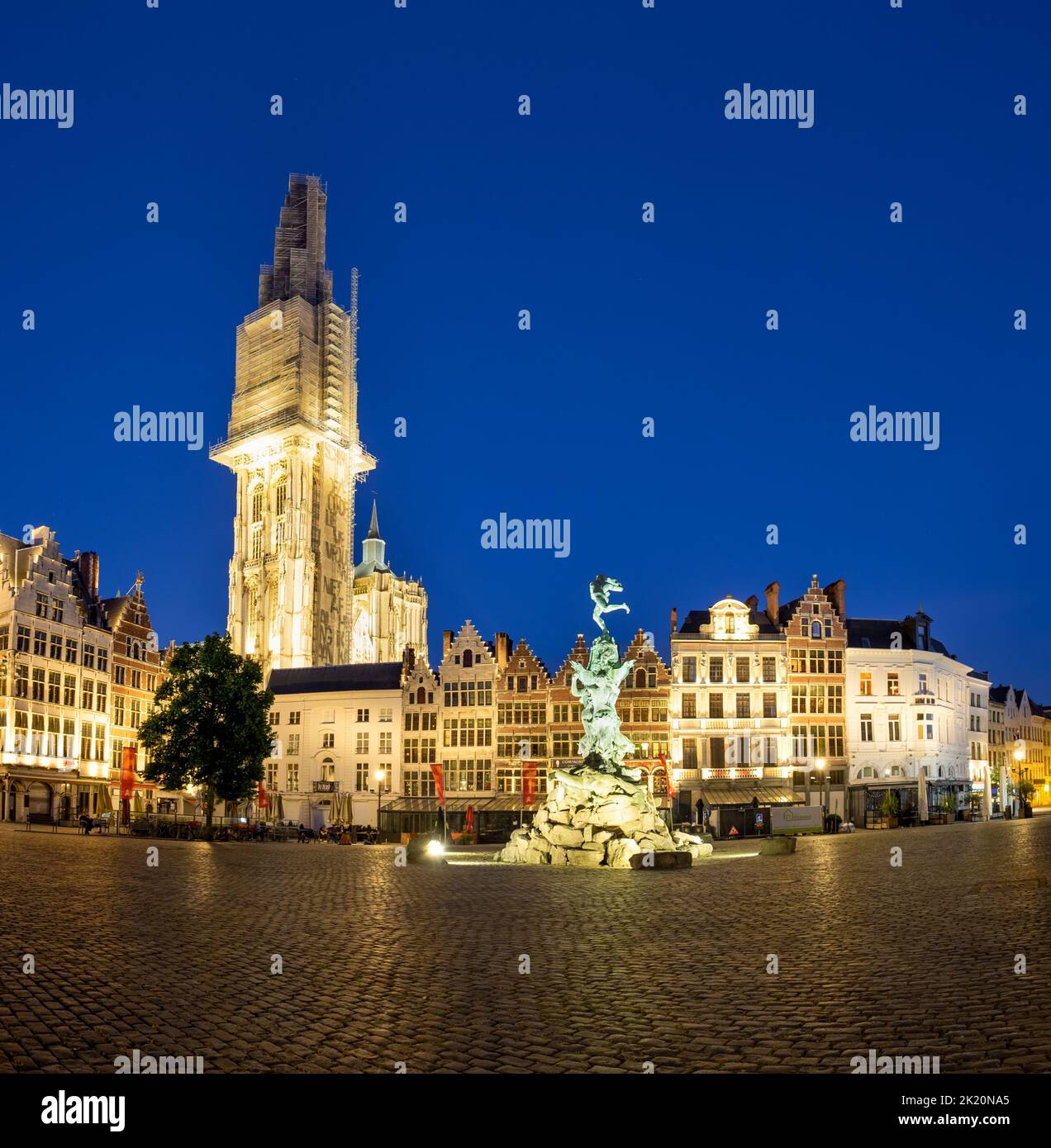 Antwerp, Belgium – 25 May 2020: Grote Markt square and cathedral in Antwerp after sunset. Stock Photo