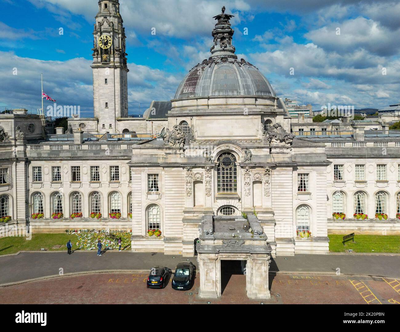 Cardiff, Wales - September 2022: Aerial view of the front of the City Hall in Cardiff civic centre Stock Photo