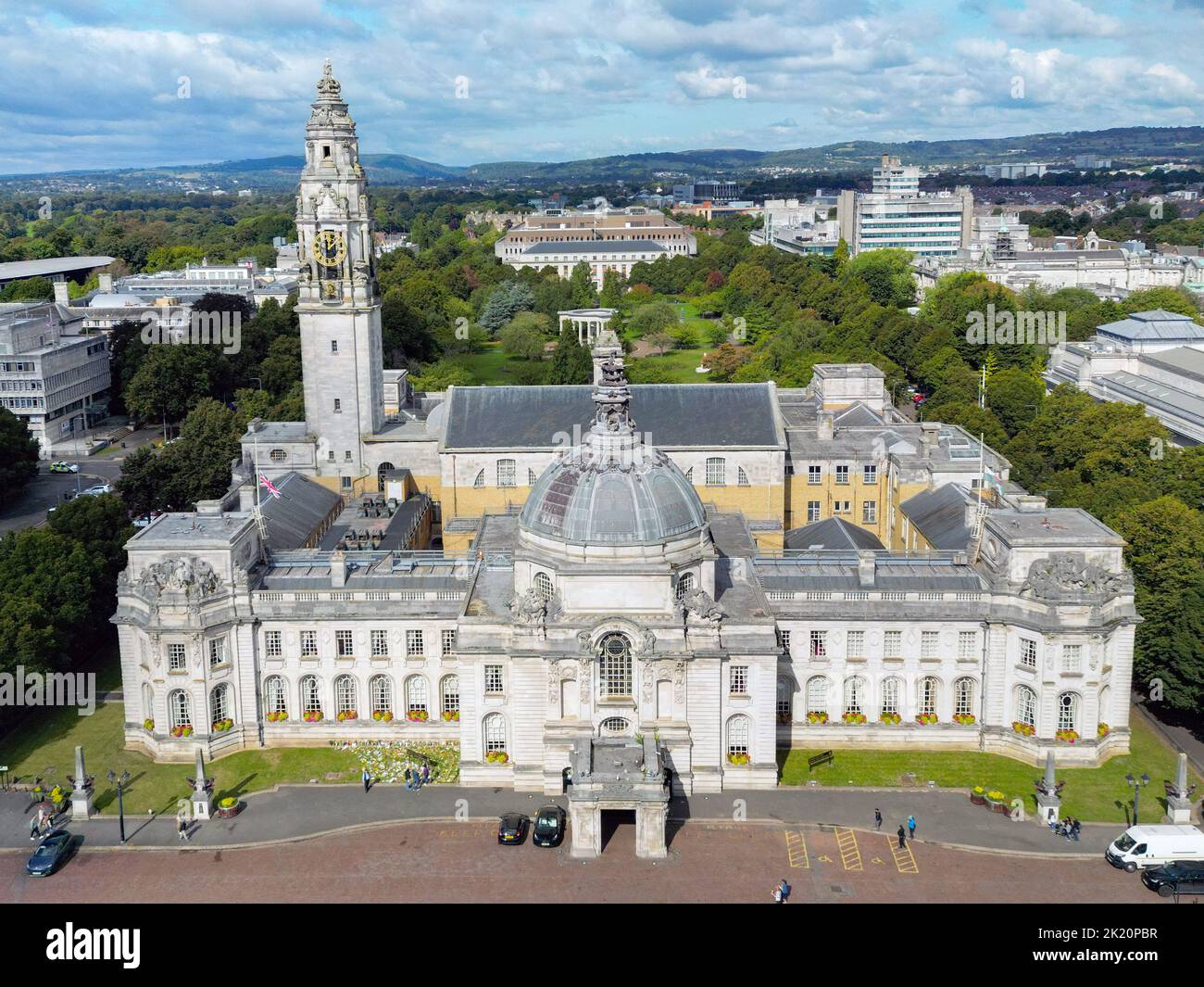 Cardiff, Wales - September 2022: Aerial view of the front of the City Hall in Cardiff civic centre Stock Photo