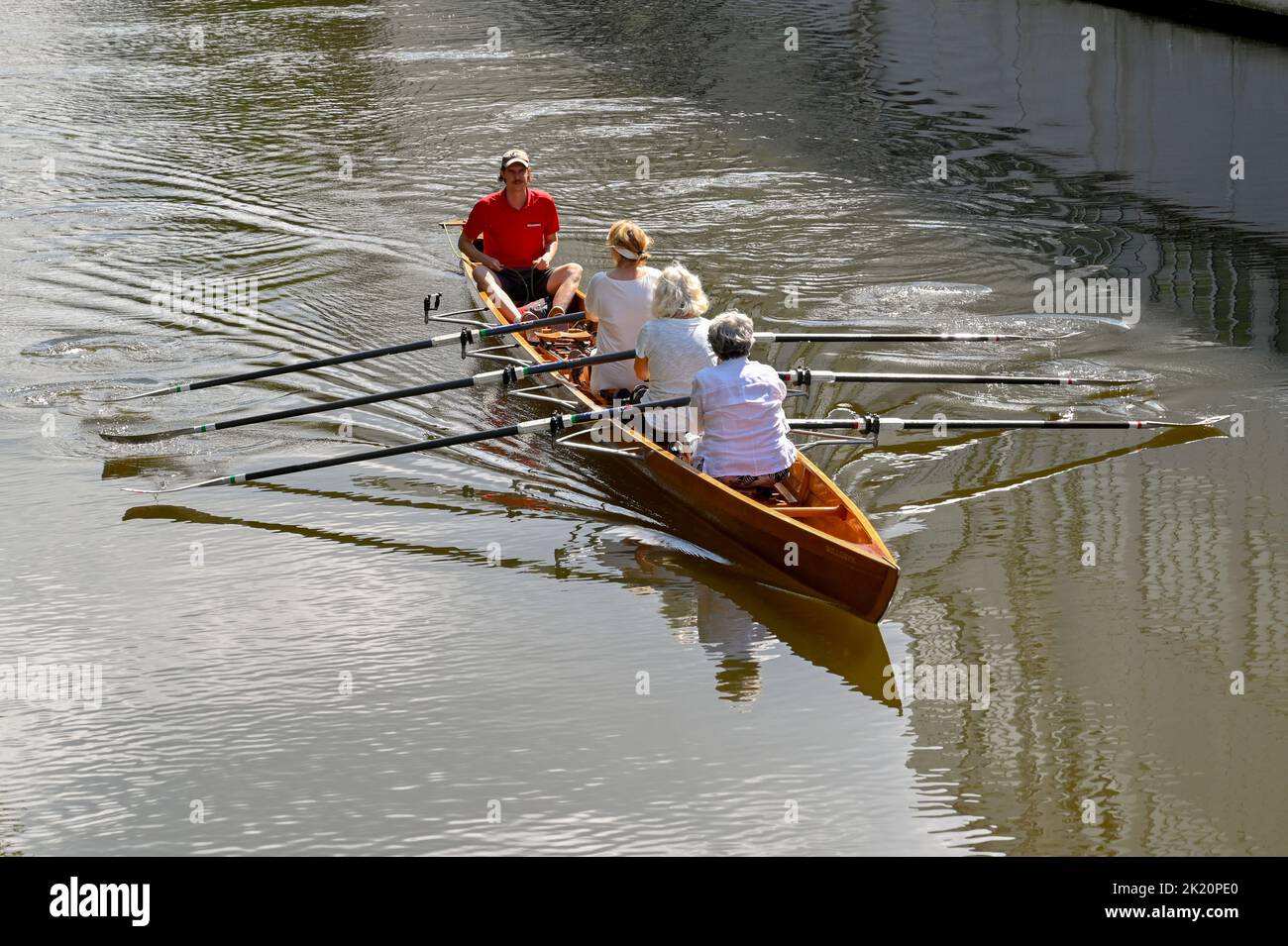 Amsterdam, Netherlands August 2022 Rowing boat with mature women