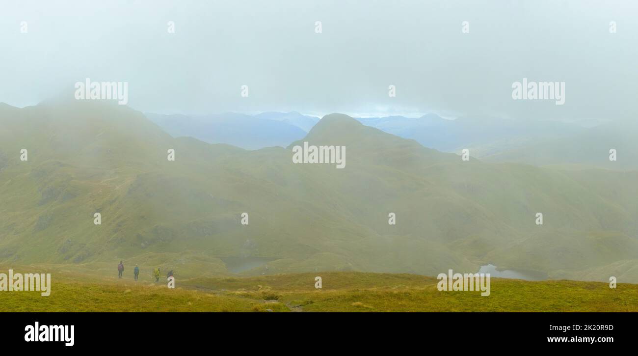 A group of walkers in misty conditions walking in Ben Lowers National ...