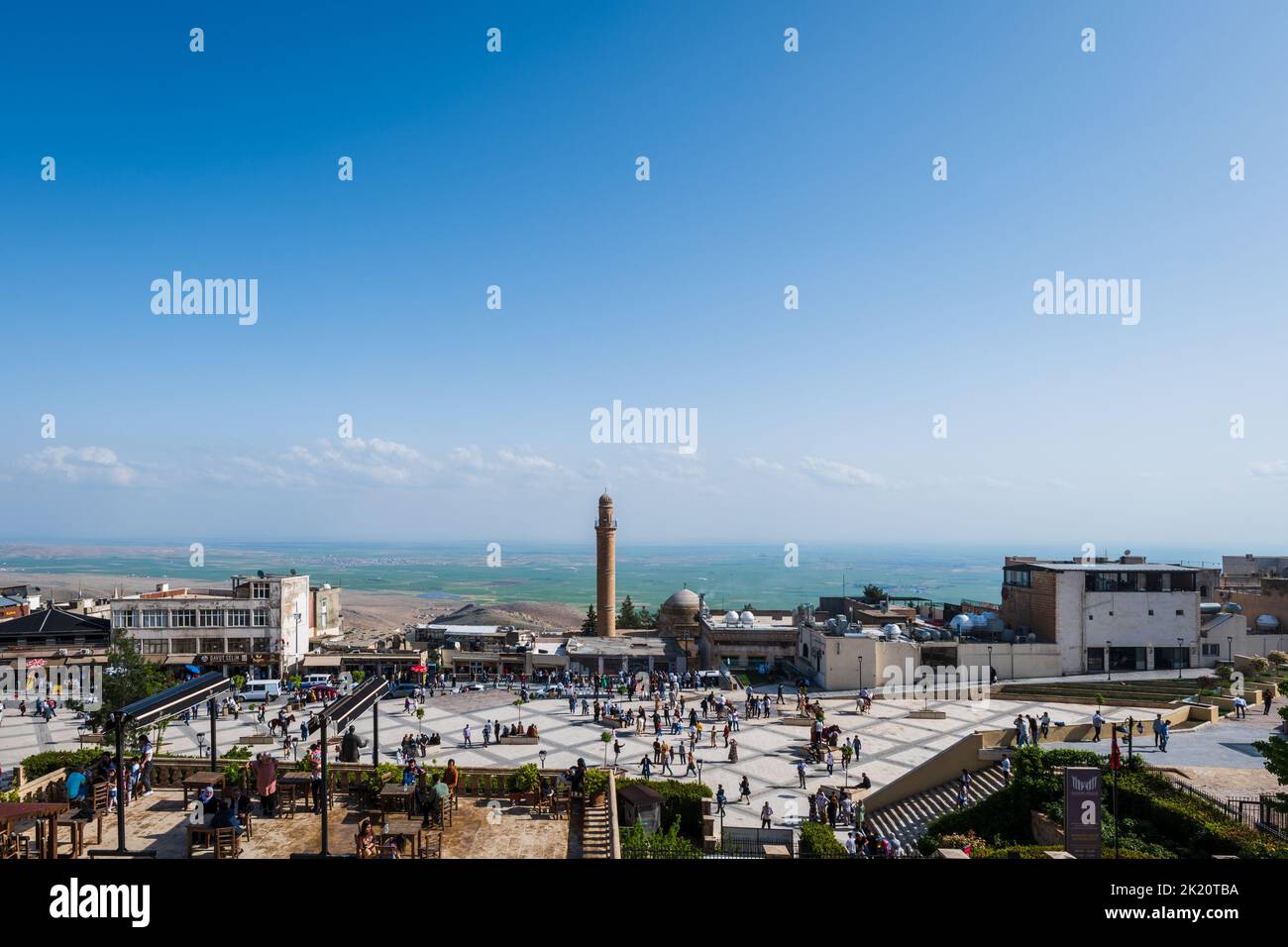 Mardin old town architecture with view of main square and  Mesopotamia Plain towards Syria. Stock Photo
