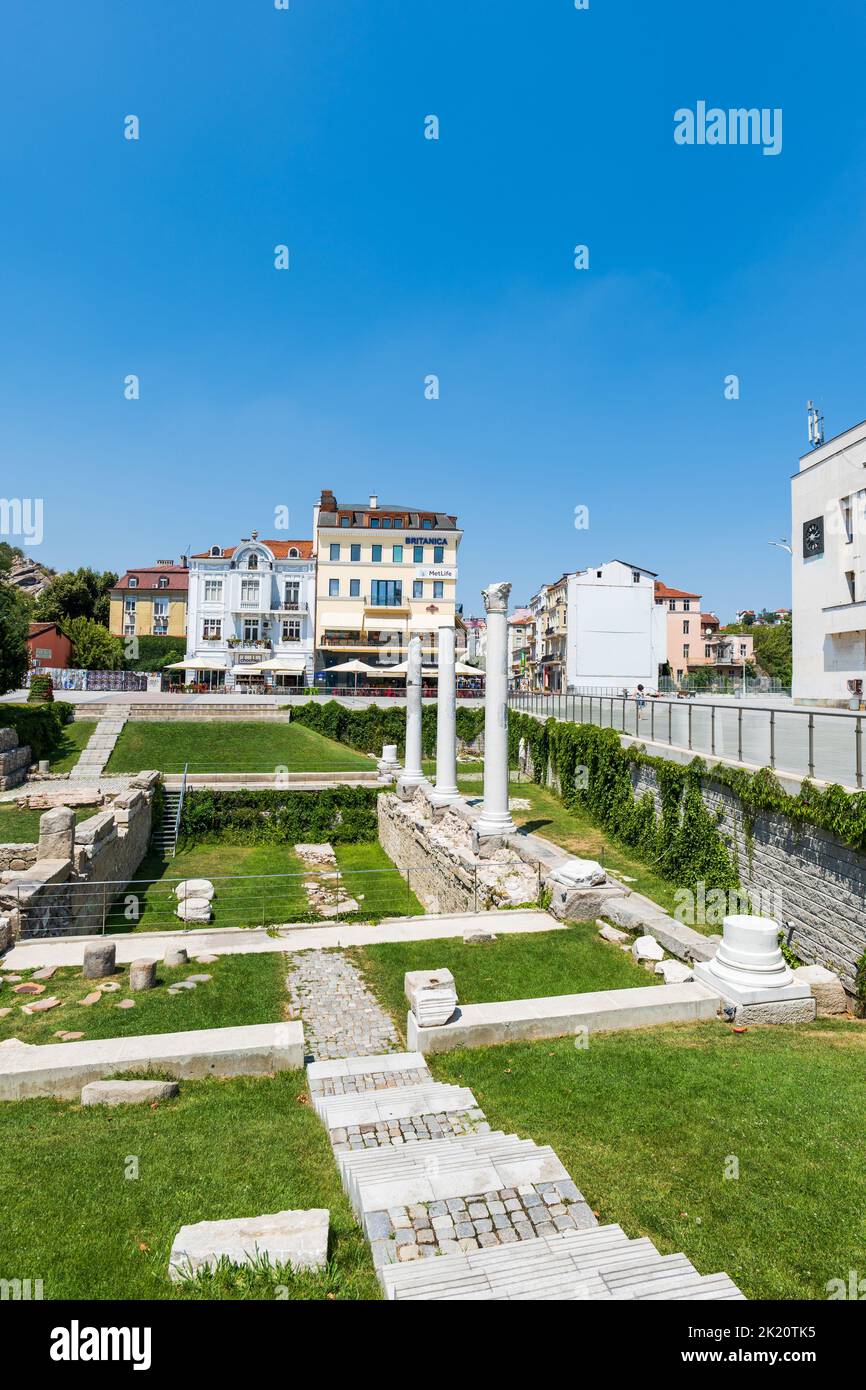 Plovdiv, Bulgaria - August 2022: Plovdiv city center view in Bulgaria. Ruins of ancient Philippopolis at the central square of  Plovdiv, Bulgaria Stock Photo