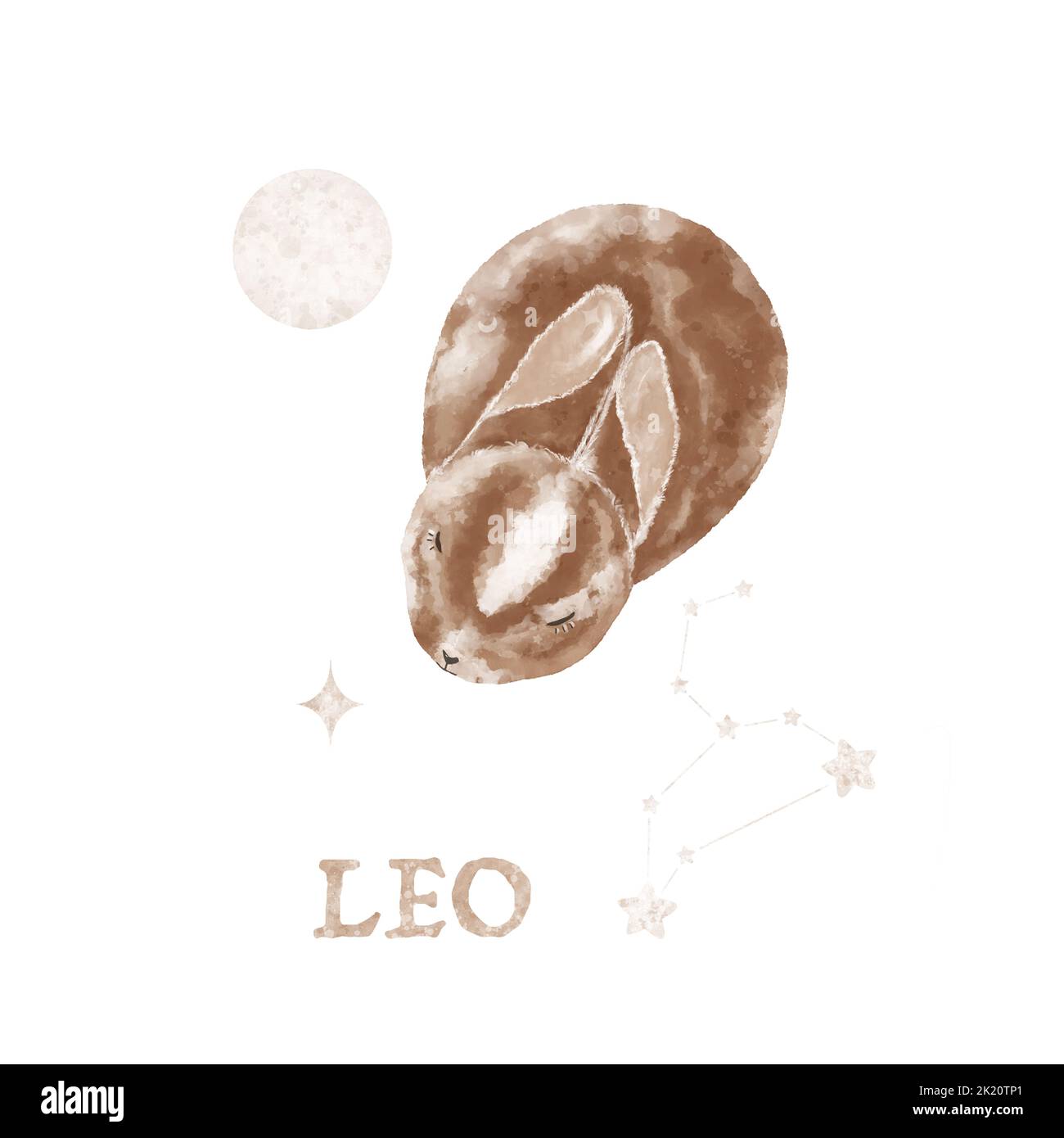 Hand drawn magic bunny illustration, moon and stars. Cute watercolor ...