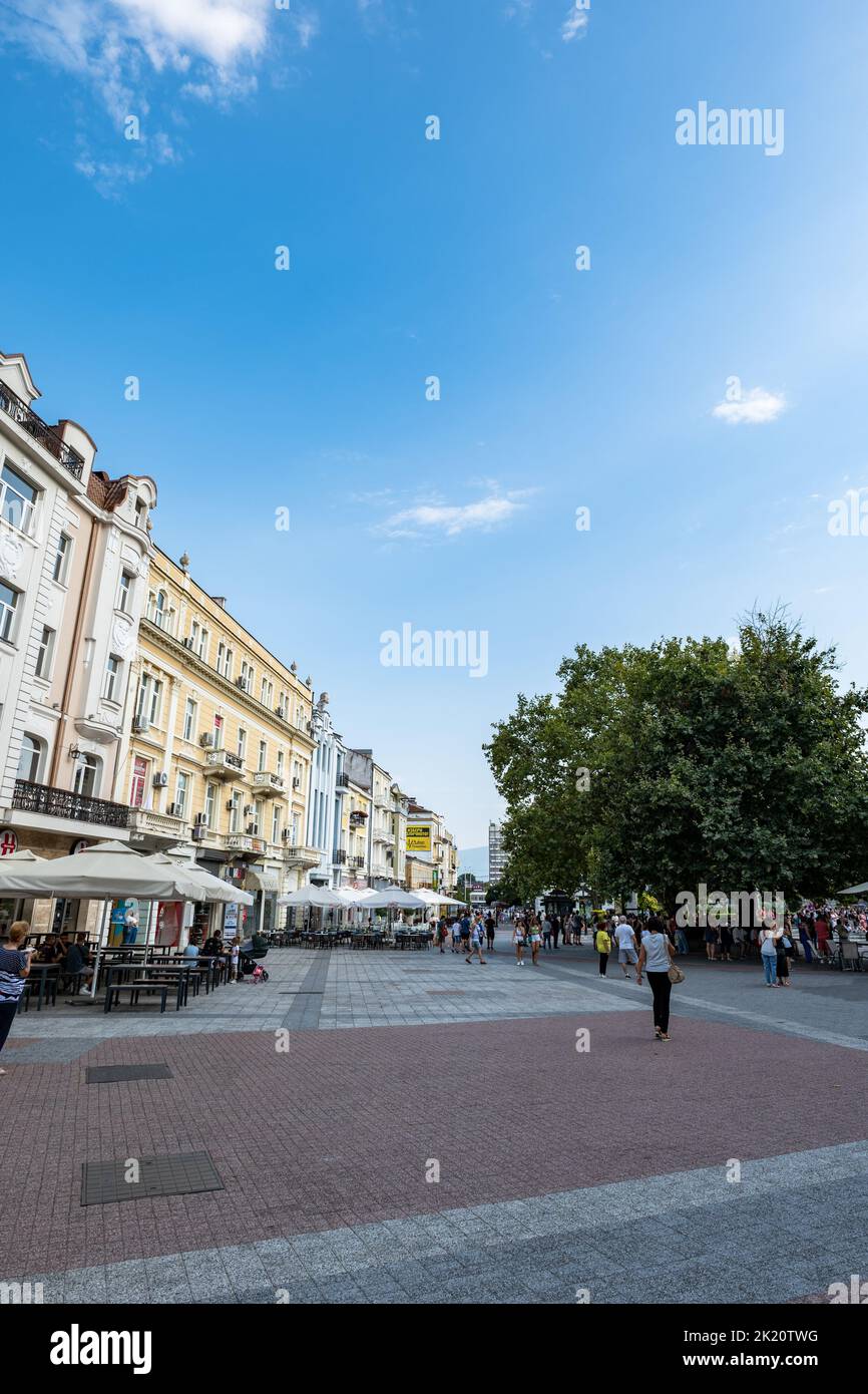 Plovdiv, Bulgaria - August 2022: Plovdiv city view with the main pedestrian street. The main street of Plovdiv 'Glavnata' Stock Photo