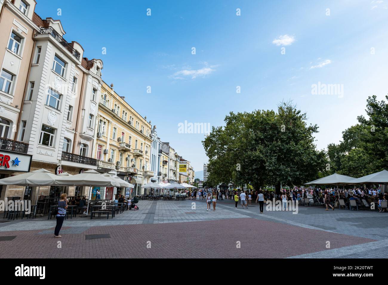 Plovdiv, Bulgaria - August 2022: Plovdiv city view with the main pedestrian street. The main street of Plovdiv 'Glavnata' Stock Photo