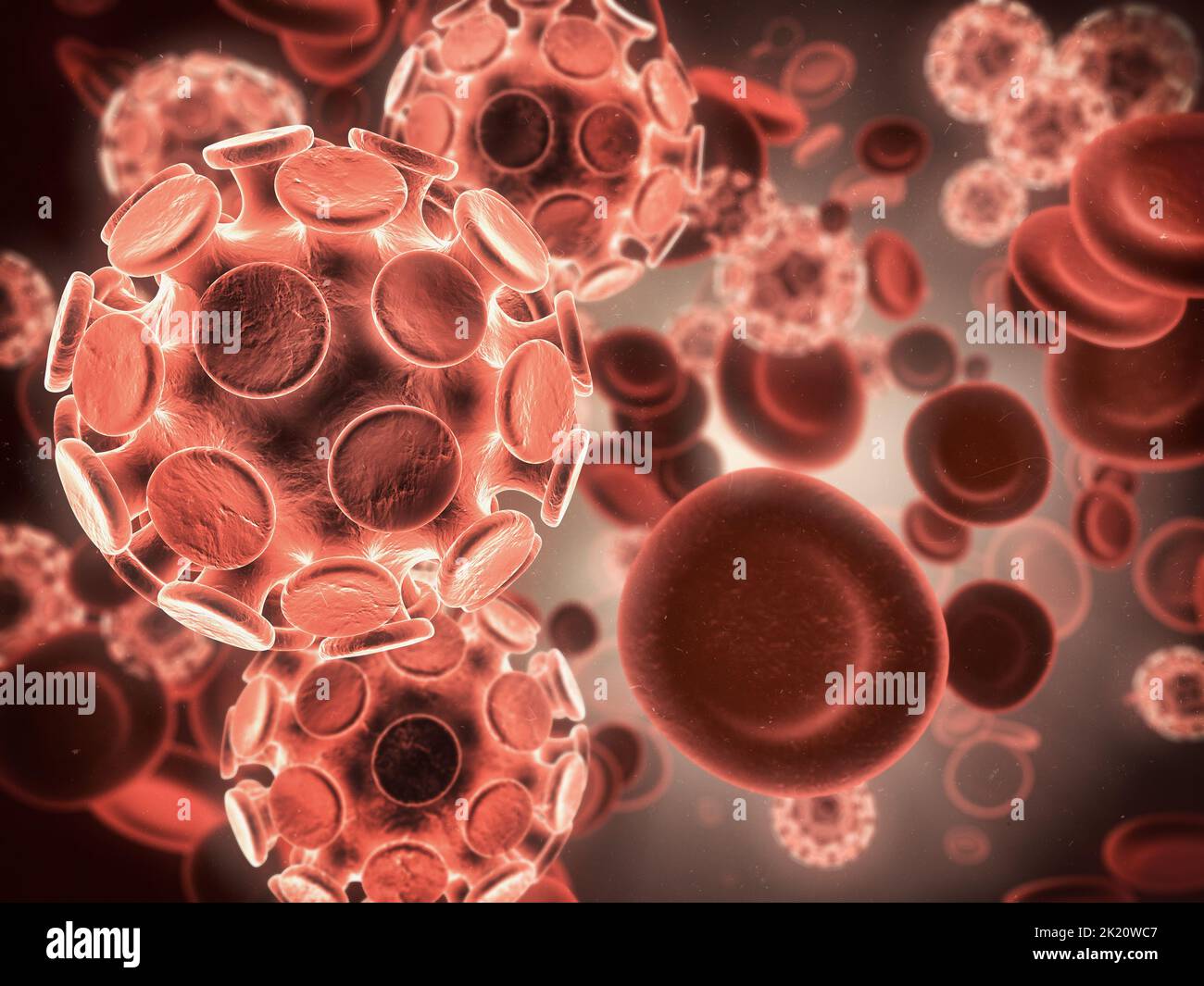 The danger lies in what we can not see. Microscopic view of a virus attacking healthy cells in the human body. Stock Photo