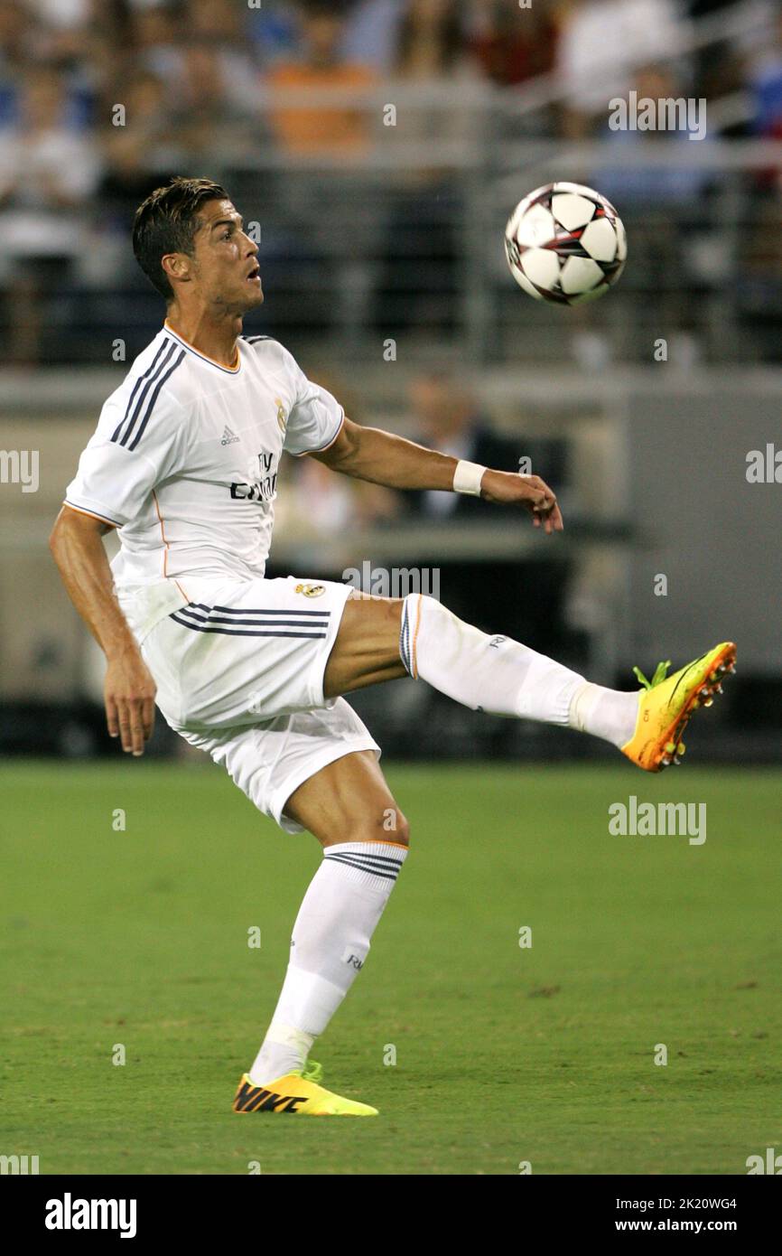 Pro soccer player Cristiano Ronaldo in action with his team Real Madrid. Stock Photo