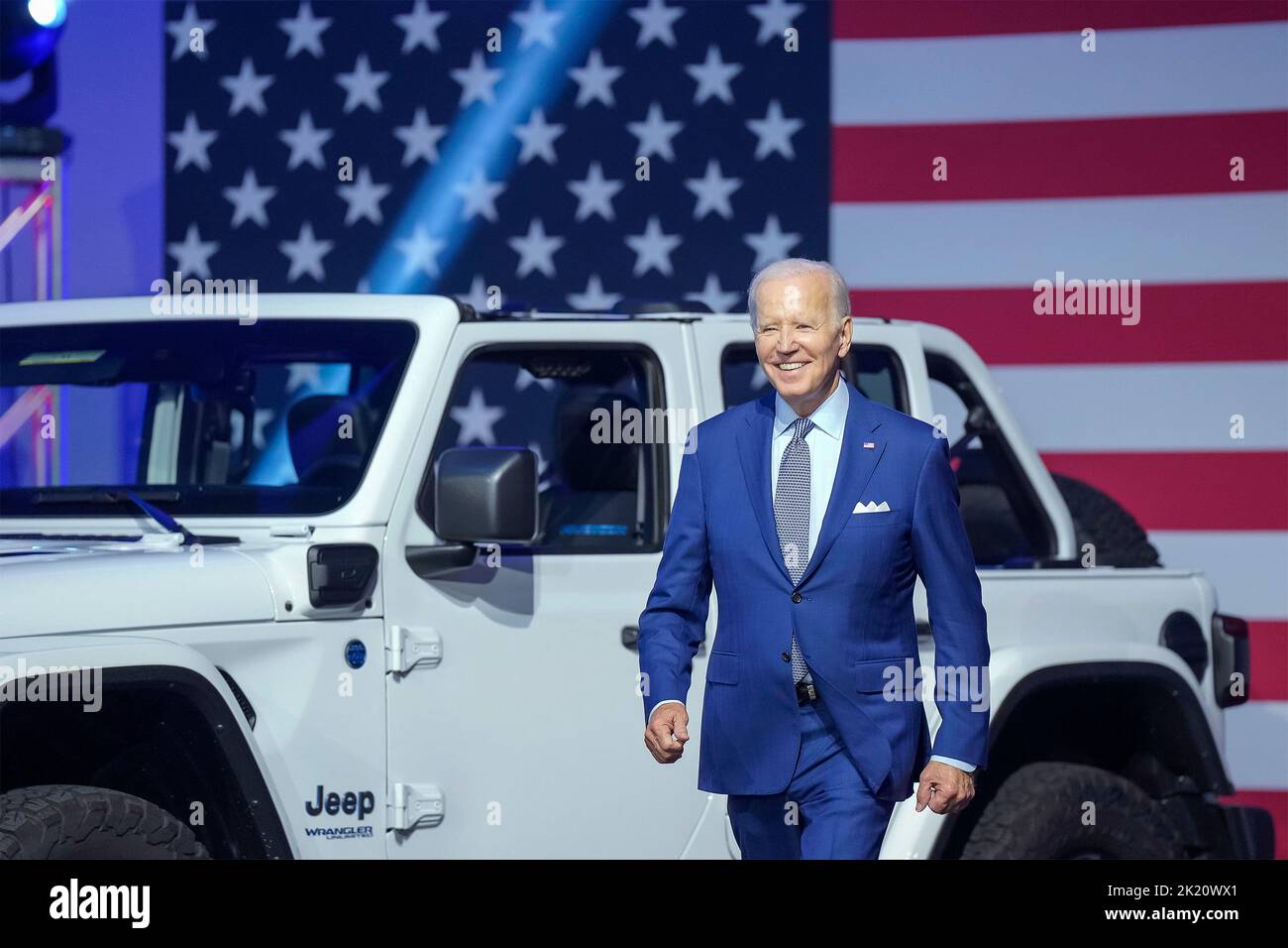 Detroit, United States of America. 14 September, 2022. U.S President Joe Biden, walks past a 2023 Jeep Wrangler during a visit to the 2022 North American International Auto Show at Huntington Place Convention Center, September 14, 2022 in Detroit, Michigan. Stock Photo