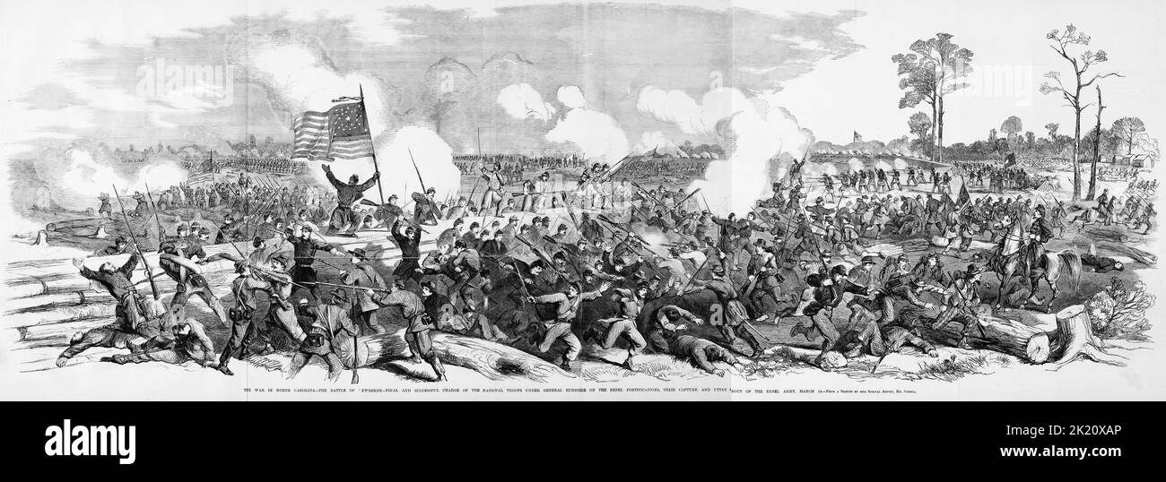 The War in North Carolina - The Battle of New Bern - Final and successful charge of the National troops under General Ambrose Everett Burnside on the Rebel fortifications, their capture and utter rout of the Rebel Army, March 14th, 1862. 19th century American Civil War illustration from Frank Leslie's Illustrated Newspaper Stock Photo