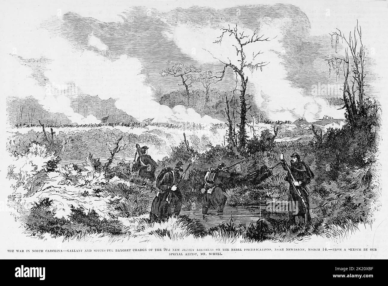 The War in North Carolina - Gallant and successful bayonet charge of the 9th New Jersey Regiment on the Rebel fortifications, near New Bern, March 14th, 1862. Battle of New Bern. 19th century American Civil War illustration from Frank Leslie's Illustrated Newspaper Stock Photo