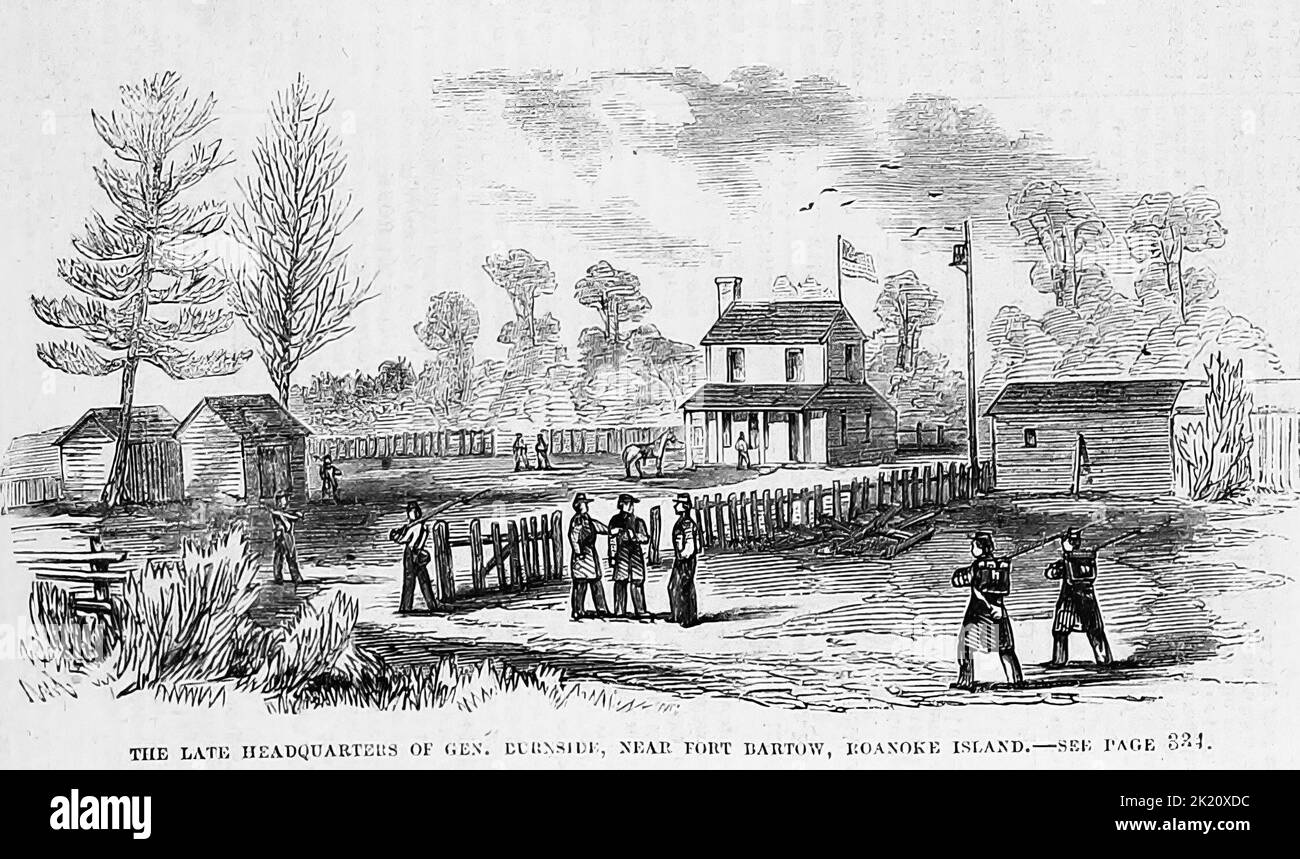 The late headquarters of General Ambrose Burnside, near Fort Bartow, Roanoke Island, North Carolina. March 1862. 19th century American Civil War illustration from Frank Leslie's Illustrated Newspaper Stock Photo