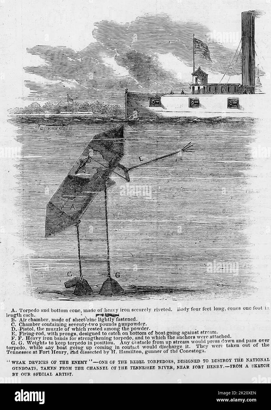 'Weak devices of the enemy' - One of the Rebel torpedoes, designed to destroy the National gunboats, taken from the channel of the Tennessee River, near Fort Henry. March 1862. 19th century American Civil War illustration from Frank Leslie's Illustrated Newspaper Stock Photo
